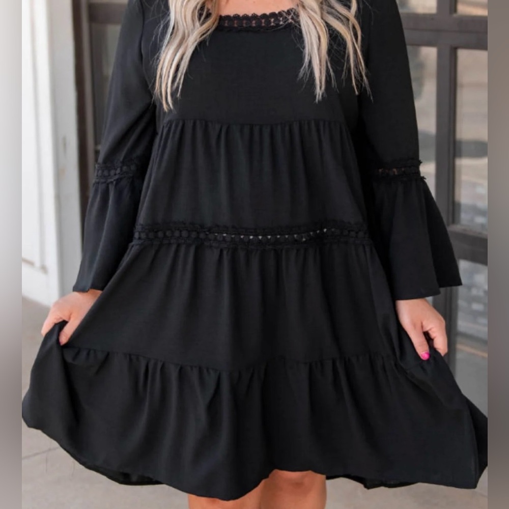 ODDY Black Shift Boho With Lace Trim Mini Dress Size Medium